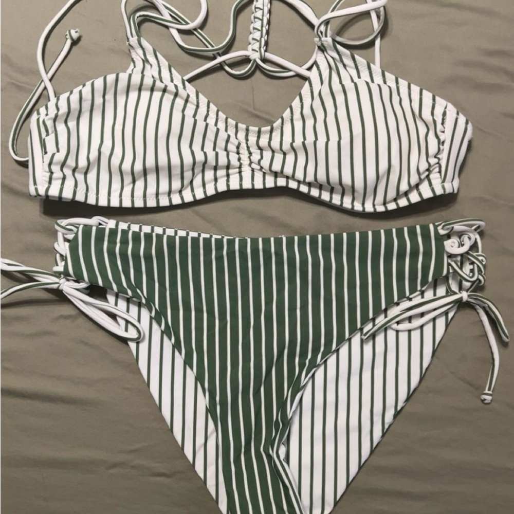 Striped Green and White Bikini Set